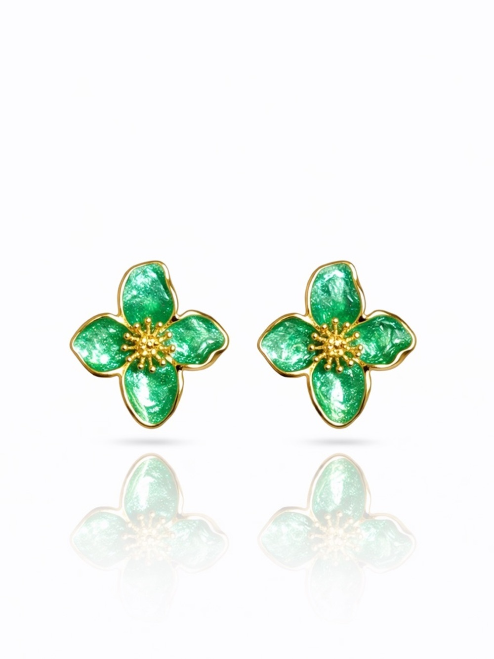 Gold-Tone Green Flower Stud Earrings